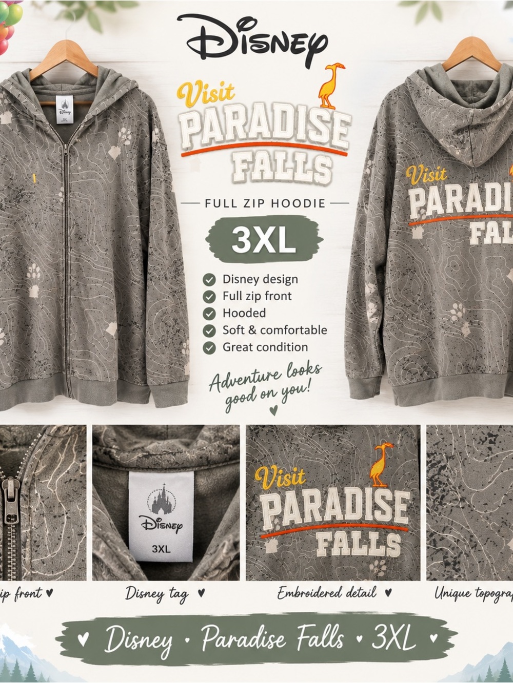 Disney Paradise Falls Full-Zip Hoodie in Gray with Yellow Accent